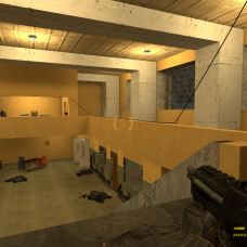 After taking care of the first wave of guards in the building, the player climbs the stairs, only to be attacked by two more enemies. This attack calls attention to the office area, as does the wire running to there from the door.